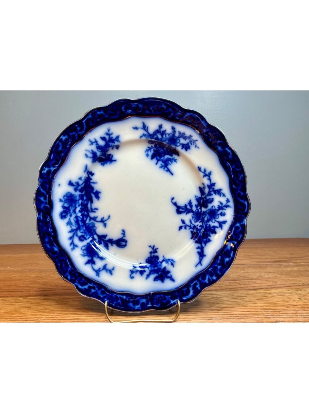 Antique Flow Blue Touraine 10" Dinner Plates with Gold Trim. Stanley Potteries b